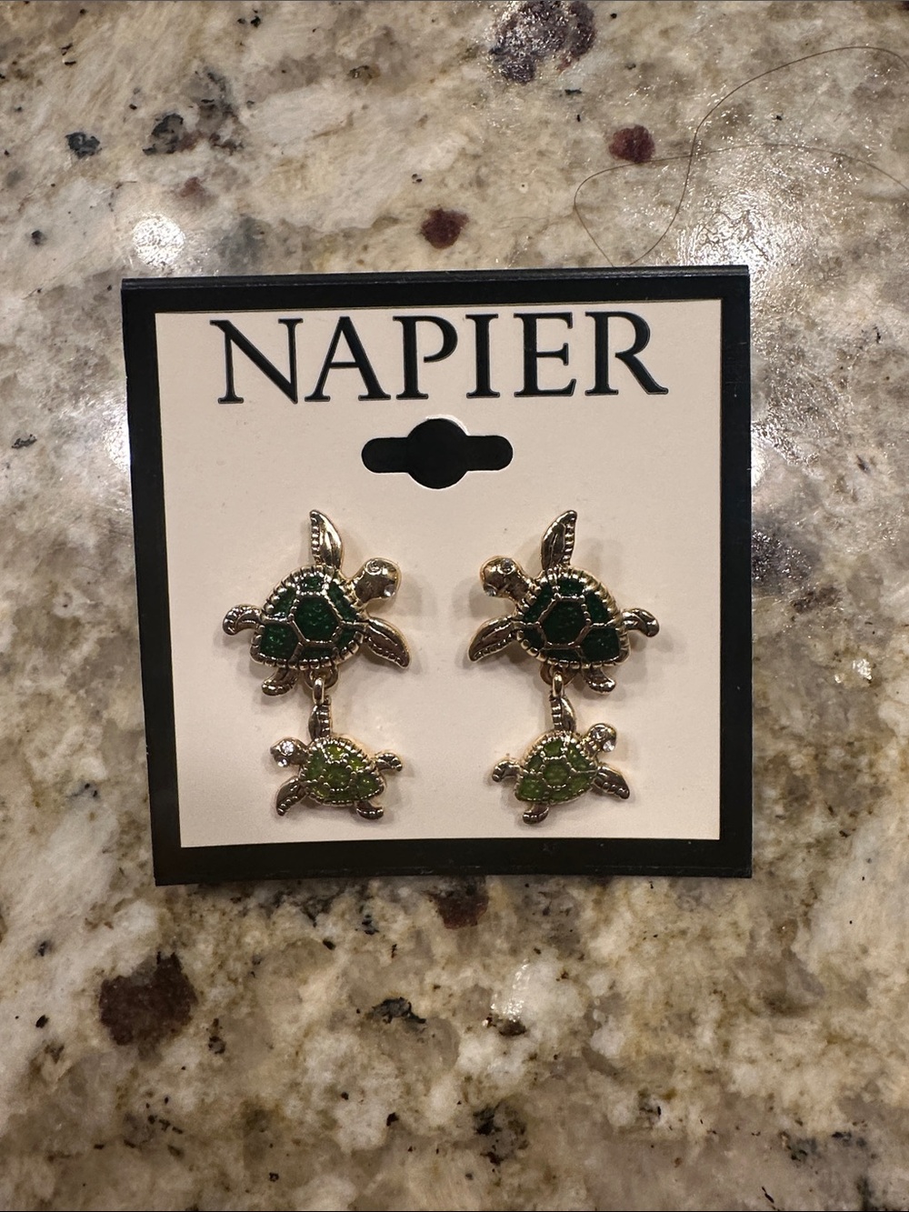 Napier Gold Turtle Drop Earrings with Dark and Light Green Enamel